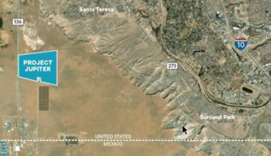 A map shows where the $165 billion data center campus -- dubbed "Project Jupiter" would be located in Santa Teresa, New Mexico.