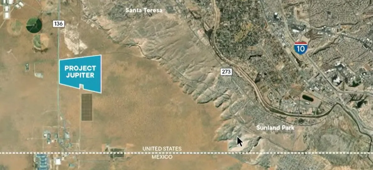 A map shows where the $165 billion data center campus -- dubbed "Project Jupiter" would be located in Santa Teresa, New Mexico.