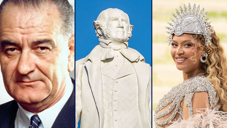 From left to right: President Lyndon B. Johnson, a statue of Sam Houston that sits along Interstate 45 near Huntsville and icon and Houston-native Beyonce.