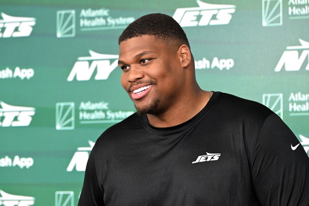Quinnen Williams of the Jets speaking to the media at OTAs.