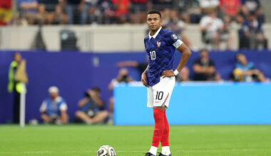 ARLINGTON, TEXAS - JULY 14: Kylian Mbappe #10 of France reacts after conceding Spain's second goal to Pedro Porro #12 during the FIFA World Cup 2026 Semi Final match between France and Spain at Dallas Stadium on July 14, 2026 in Arlington, Texas. (Photo by Florencia Tan Jun/Getty Images)