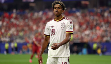 ARLINGTON, TEXAS - JULY 06: Lamine Yamal #19 of Spain looks on during the FIFA World Cup 2026 Round Of 16 match between Portugal and Spain at Dallas Stadium on July 06, 2026 in Arlington, Texas. (Photo by Lars Baron/Getty Images)