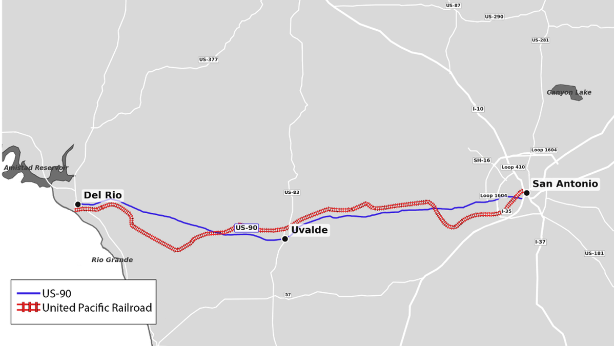 Map of train route from Del Rio, Texas, to San Antonio.