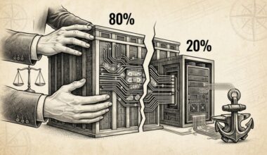 Monochrome editorial engraving depicting a data center divided into ownership tiers, with institutional capital holding the majority stake and a hyperscaler operator retaining minority ownership and sole occupancy.