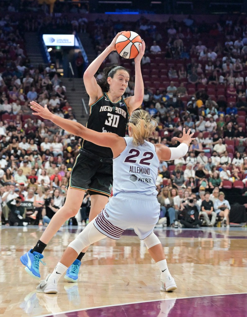 Liberty forward Breanna Stewart (30) with the ball against the Tempo on July 12, 2026.