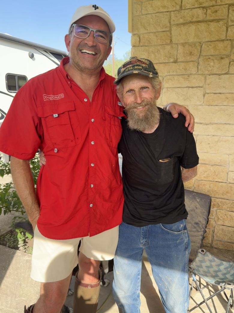 L.A. Cude (right) and Cord Shiflet (left) have spent multiple afternoons together as Cude visits him and other flood victims throughout Hill Country.