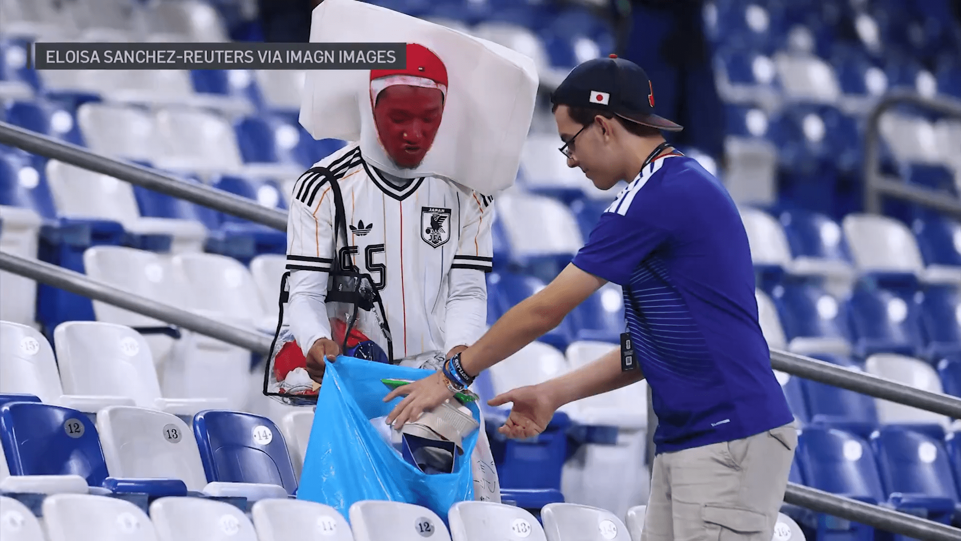 Japanese tradition of cleaning up after World Cup games. Fans of Team Japan continued their famous tradition of cleaning up the stands after a 1-1 draw against Sweden at Dallas Stadium.