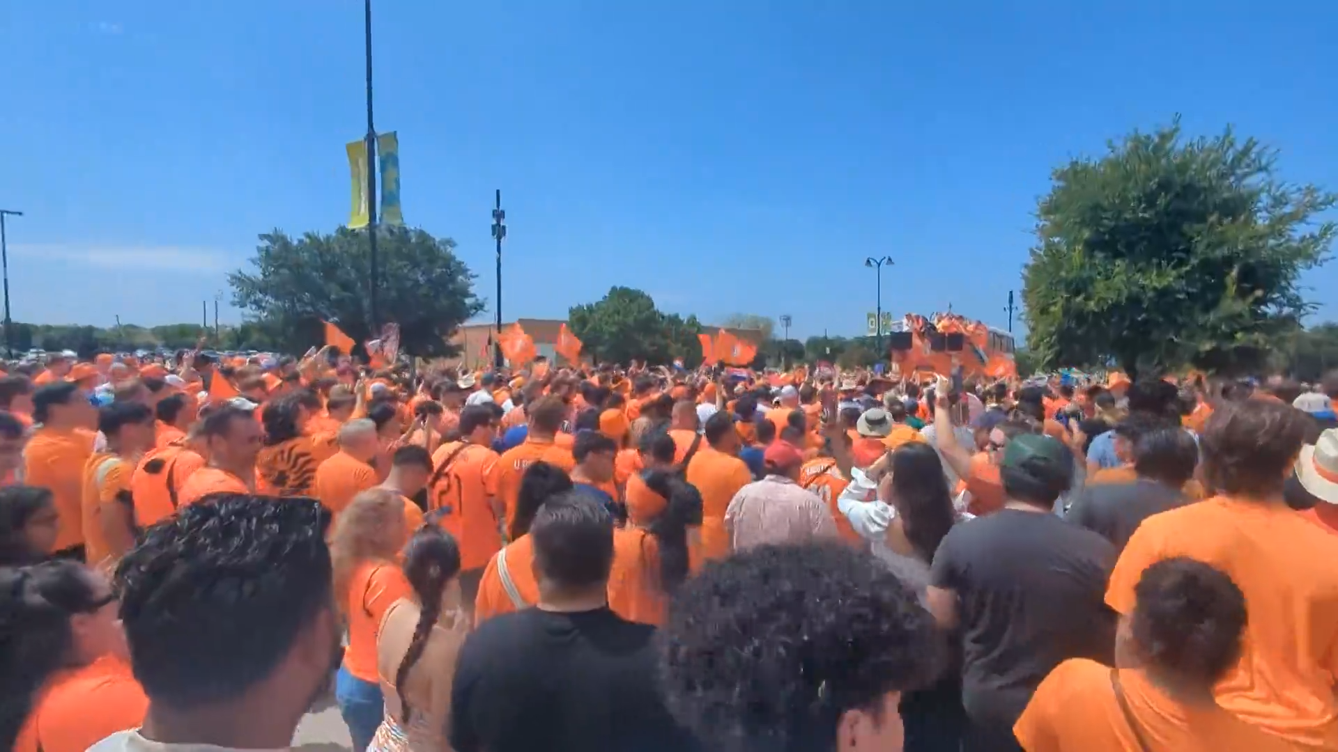 Dutch fans take over Arlington with their famous Orange Bus. The Netherlands played Japan at Dallas Stadium before taking on Sweden and Tunisia in Group F play.