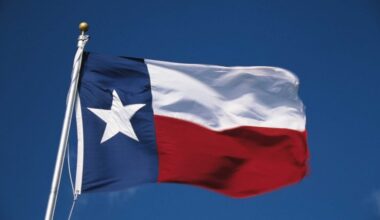 A Texas state flag blowing in the wind with the sky in the background