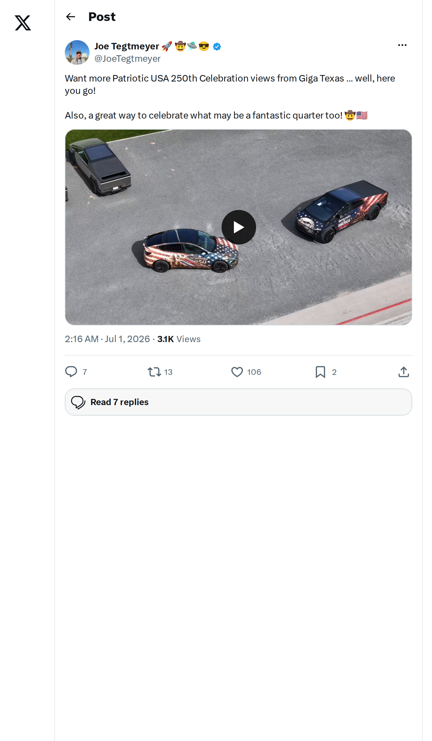 Joe Tegtmeyer shares Giga Texas USA 250th celebration views and hints at a fantastic Q2 for Tesla