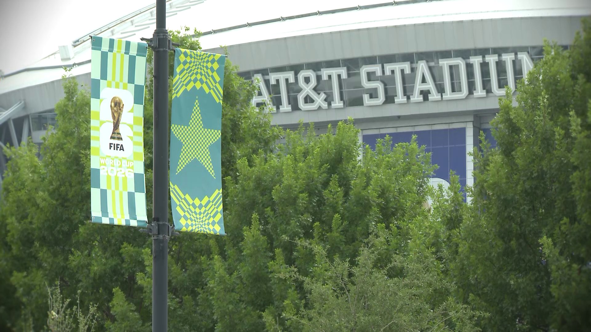 2026 FIFA World Cup signage in Arlington at AT&T Stadium. IT was renamed Dallas Stadium during the 2026 World Cup. Arlington's mayor said it made logical sense that World Cup branding uses Dallas over Arlington.