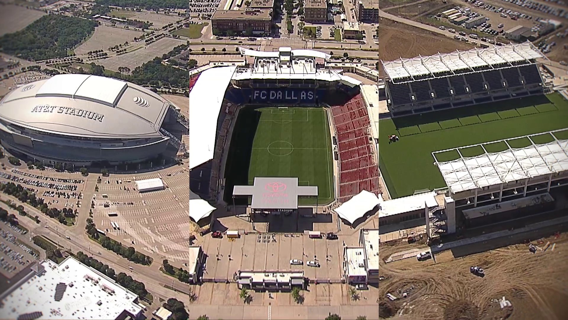 AT&T Stadium in Arlington, left, hosted nine World Cup matches while Toyota Stadium in Frisco, center, and Mansfield Stadium in Mansfield, right, hosted practices for World Cup teams.