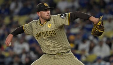 Sep 26, 2024; Los Angeles, California, USA;  San Diego Padres starting pitcher Joe Musgrove (44) delivers to the plate in the first inning against the Los Angeles Dodgers at Dodger Stadium. Mandatory Credit: Jayne Kamin-Oncea-Imagn Images