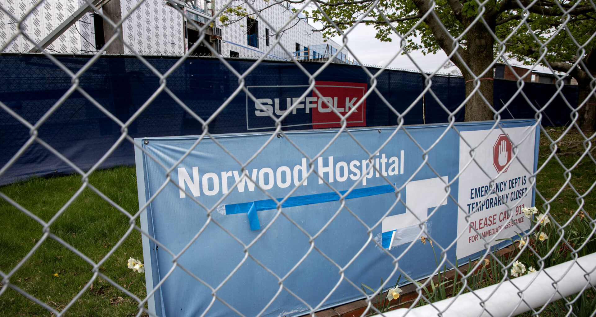 Norwood Hospital as seen in 2024. The hospital closed in 2020 after it flooded. (Robin Lubbock/WBUR file)