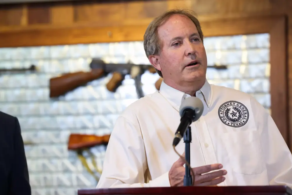 Texas Attorney General Ken Paxton and announces that he is suing the Bureau of Alcohol, Tobacco and Firearms for federal overreach during a press conference Wednesday, May 1, 2024, at Frisco Gun Club.