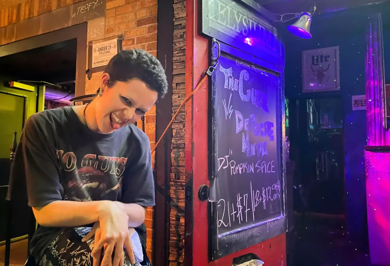 Sage works the door at Elysium, Austin's oldest goth club.