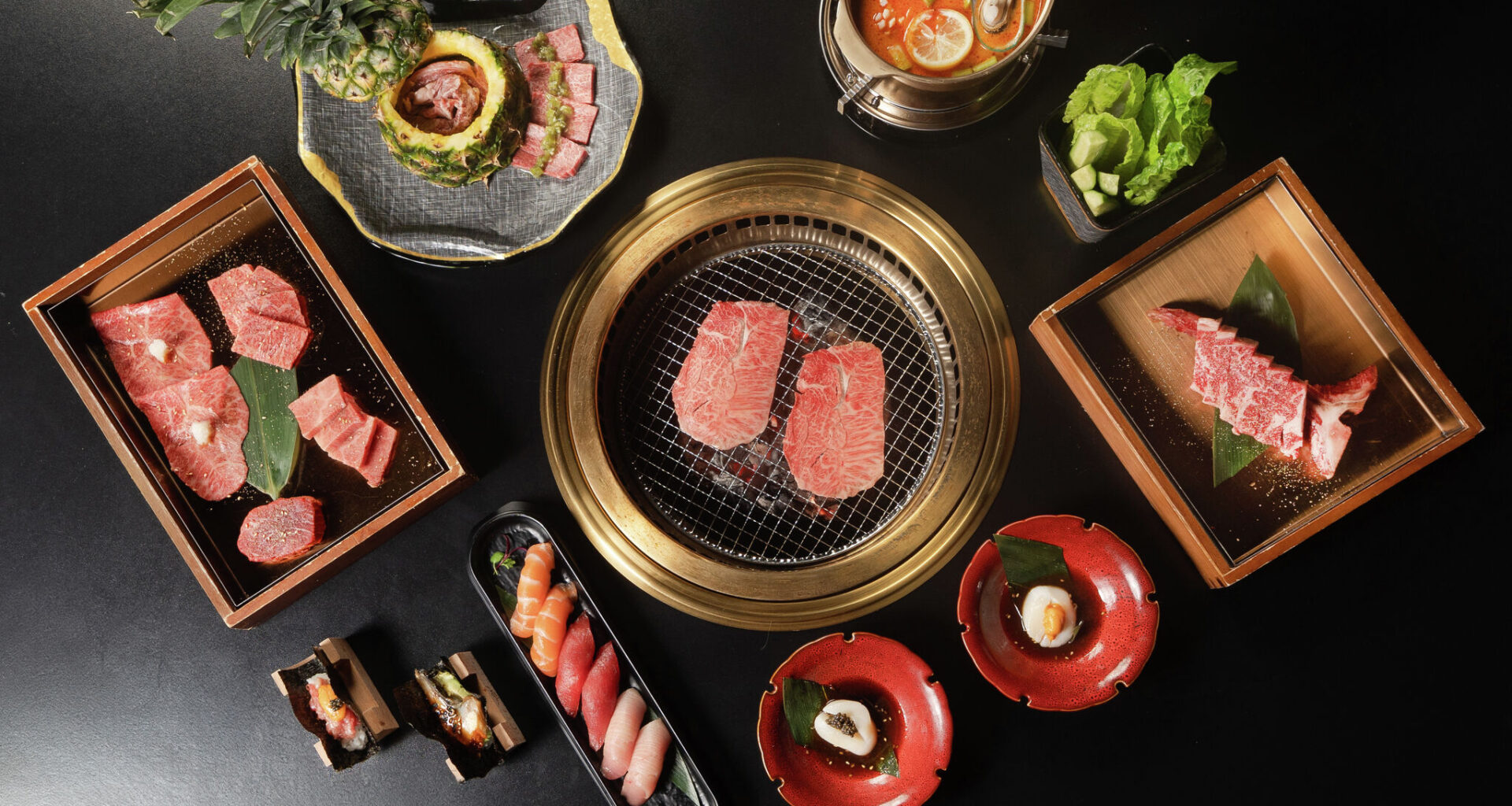 Japanese-style meats and beverages at Chubby Cattle BBQ. 