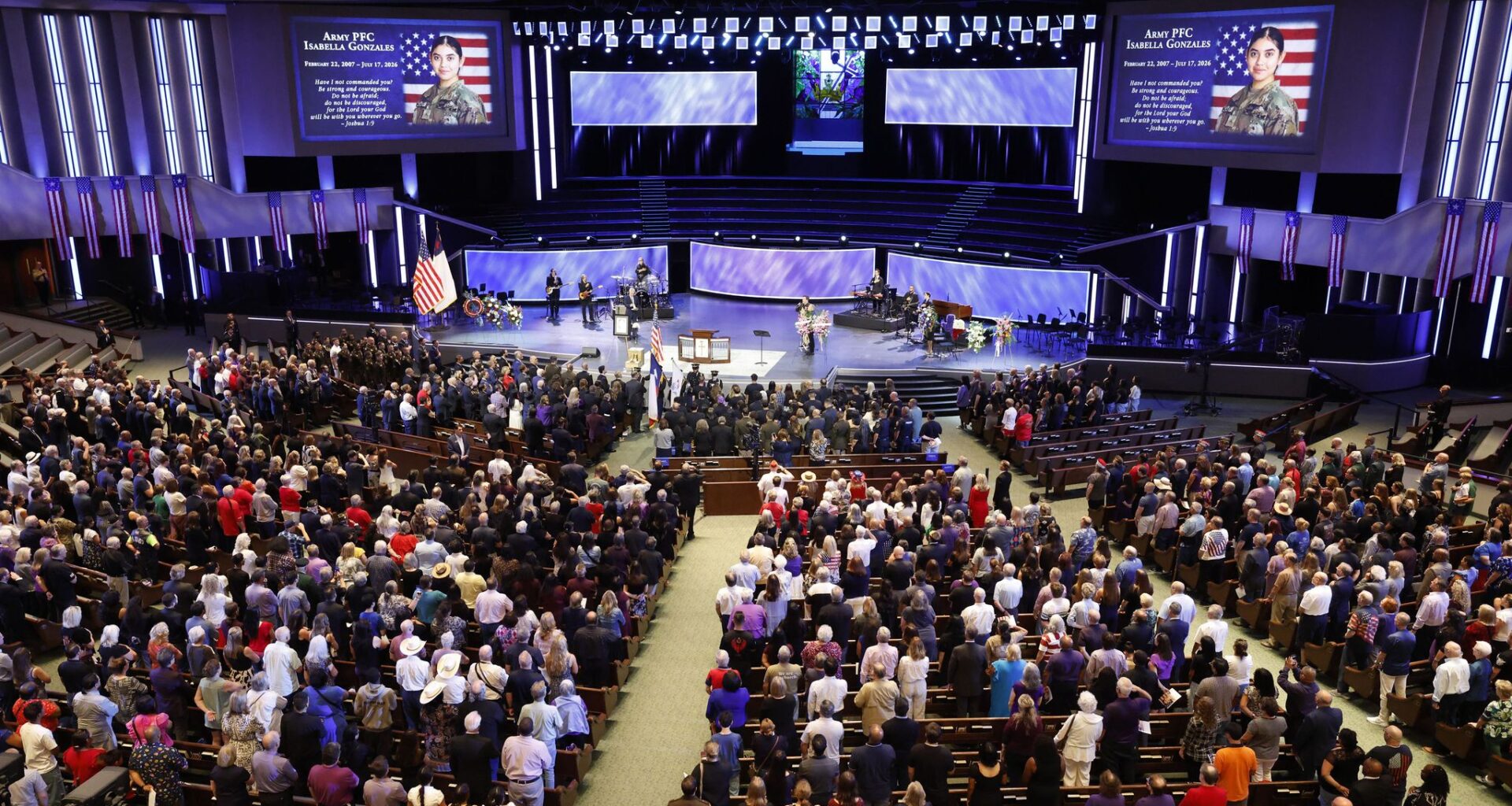 People attend a memorial service for U.S. Army Pvt. Isabella Gonzales of Carrollton, Texas at Prestonwood Baptist Church, Saturday, Aug. 1, 2026, in Plano. Gonzales was killed during an Iranian attack in Jordan on Friday, July 17, 2026.