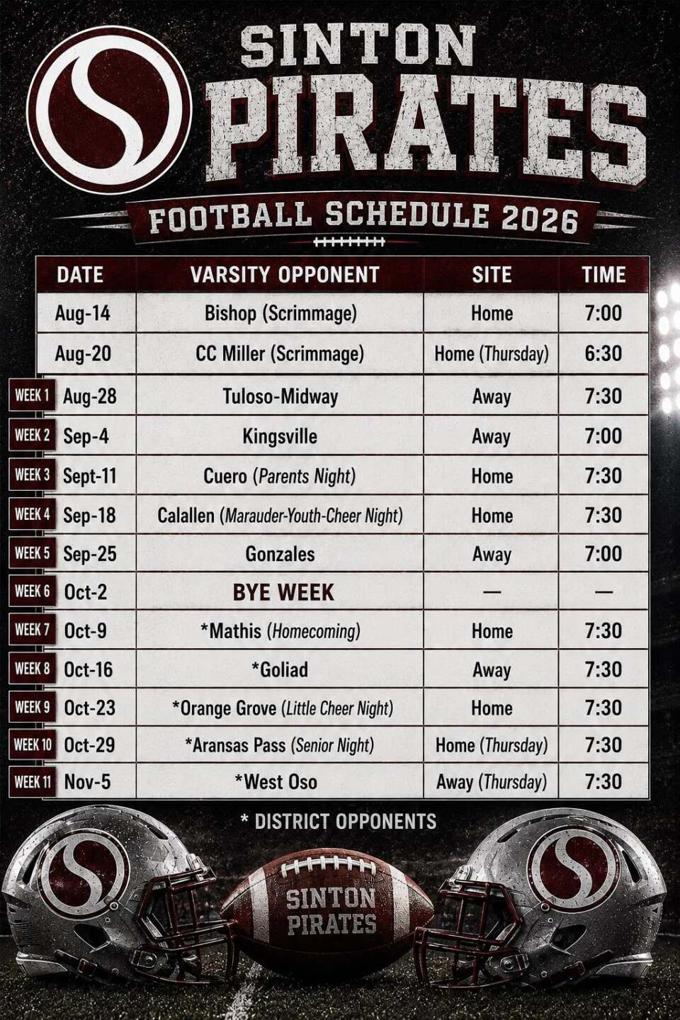 Sinton football schedule 2026