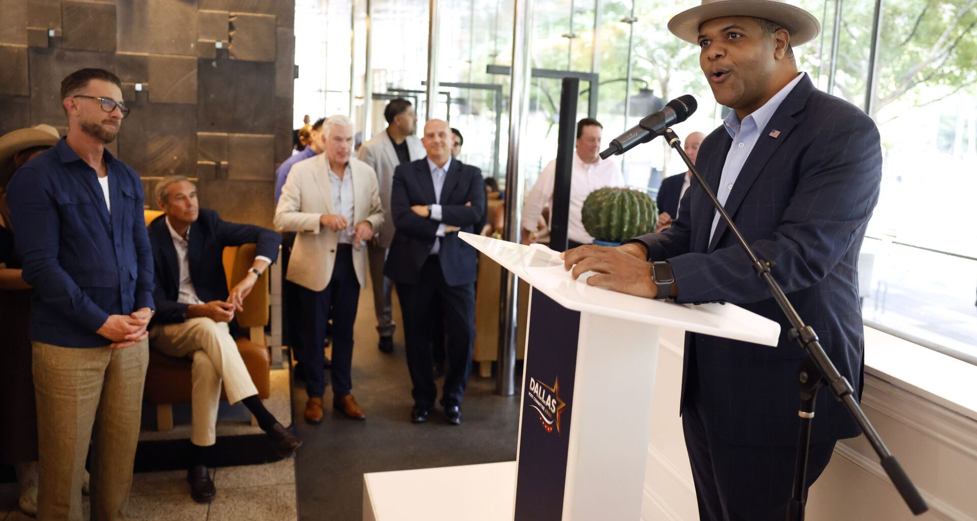 Mayor Eric Johnson speaks Tuesday during a reception for reporters preparing for President Donald Trump’s Republican midterm convention in Dallas.