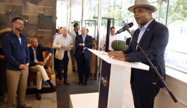 Mayor Eric Johnson speaks Tuesday during a reception for reporters preparing for President Donald Trump’s Republican midterm convention in Dallas.