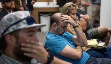 Audience members react to a Planning and Zoning Commission meeting in Westlake where the commission voted to recommend a new data center that would border Keller, Tuesday, Aug. 4, 2026.