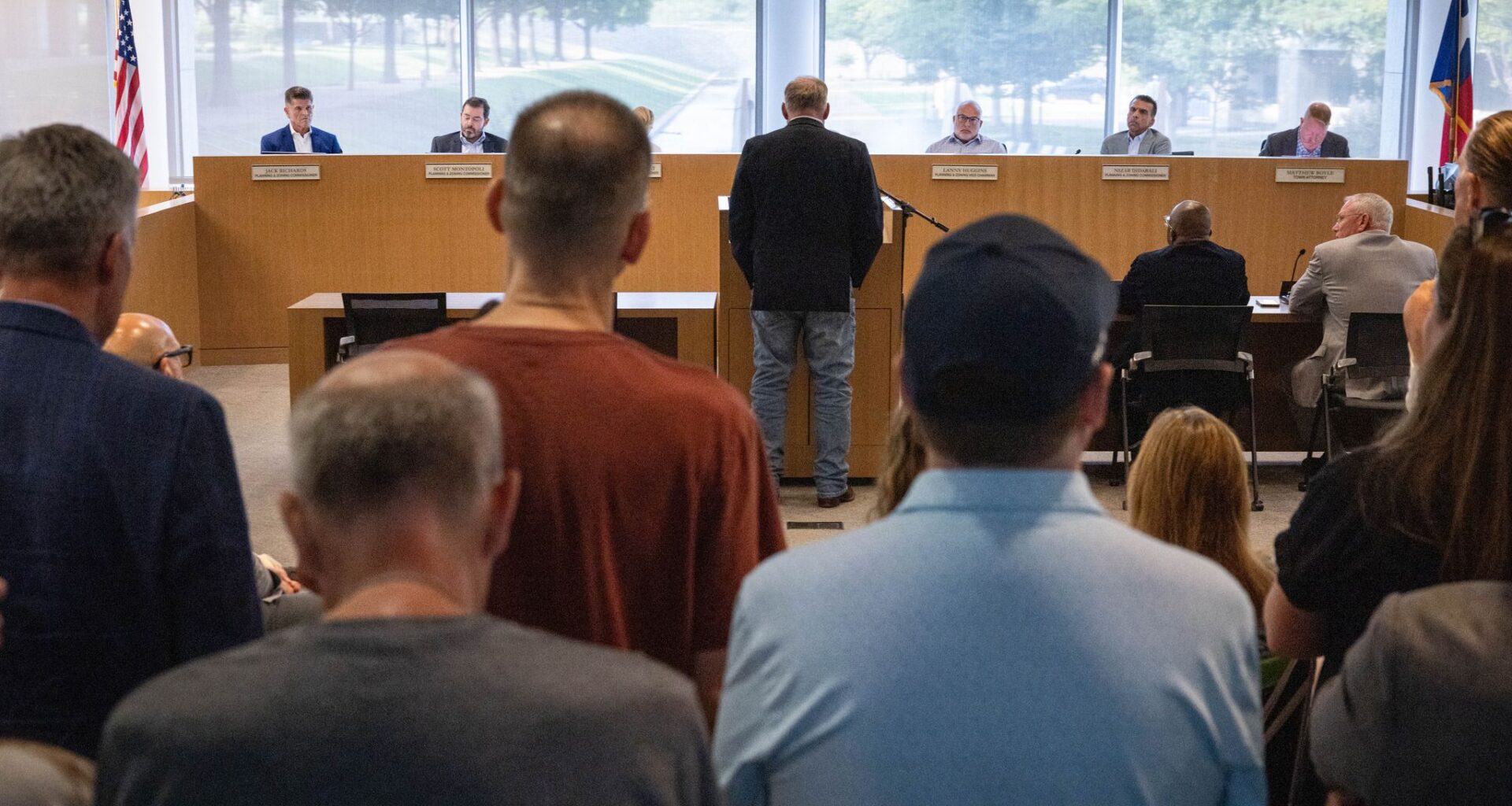 Public commenters speak out against a proposed data center at a Planning and Zoning Commission meeting in Westlake, Tuesday, Aug. 4, 2026.