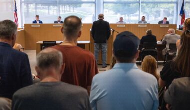 Public commenters speak out against a proposed data center at a Planning and Zoning Commission meeting in Westlake, Tuesday, Aug. 4, 2026.