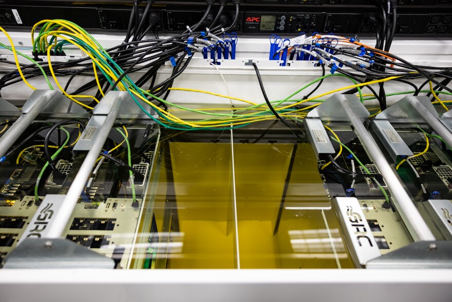 Server electronics and bundles of wires are pictured partially submerged in a tank full of oil with a transparent, yellow hue.