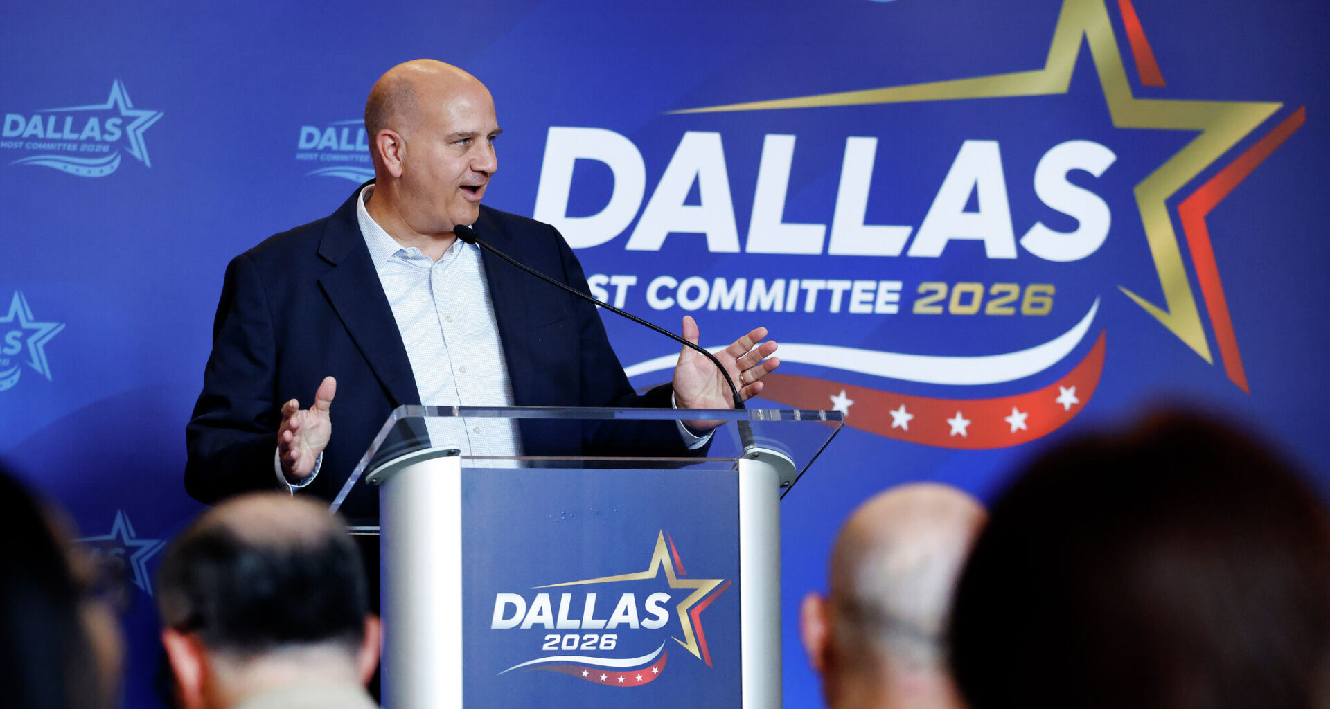 Trump aide John Hiller, CEO of the Republican Party’s midterm convention, discusses preparations for the two-day gathering during a media event Wednesday in Dallas. The convention is scheduled Sept. 9-10 at the American Airlines Center.