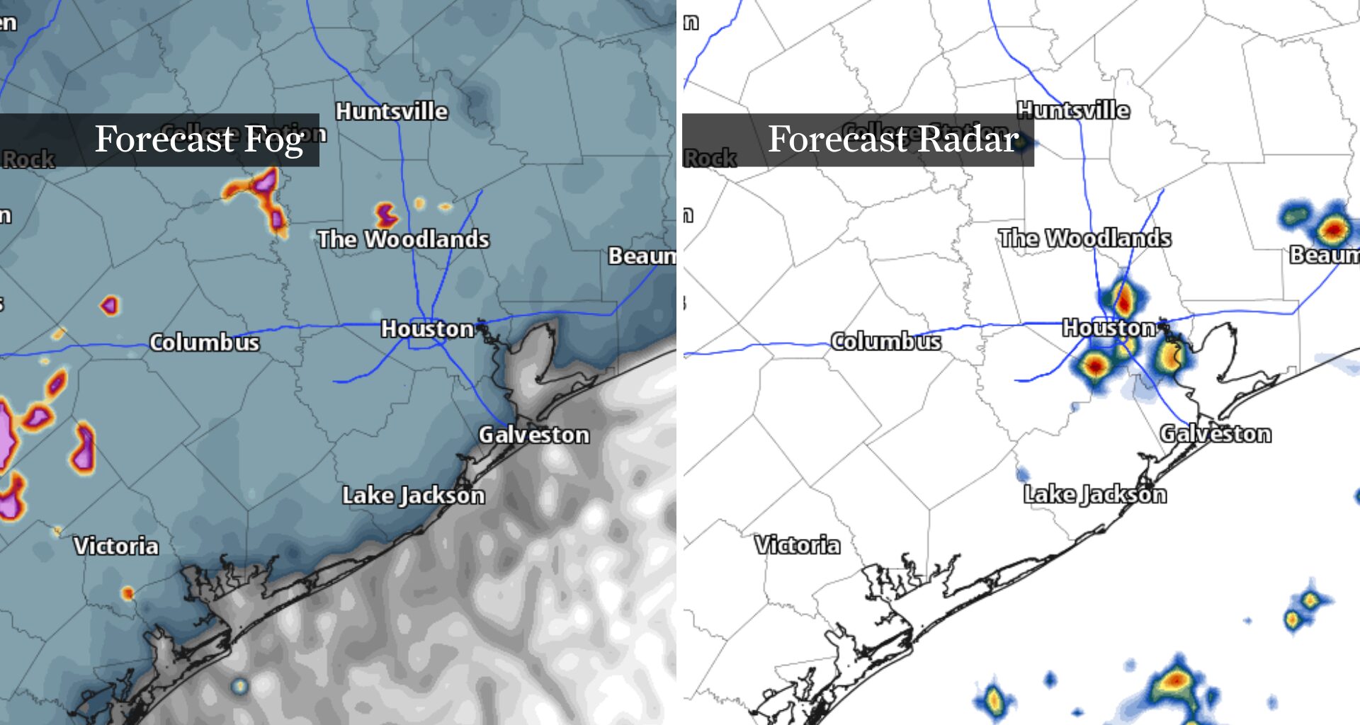 Thursday Houston weather timeline shows fog and storms