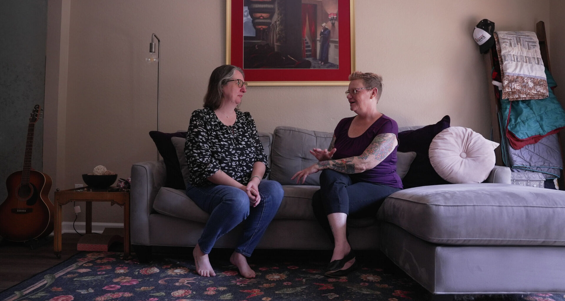 Jeanine Blair (left) and her death doula, Britna Savarese, speak at her home in Dallas on Monday, July 20.