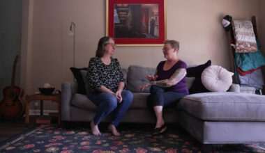 Jeanine Blair (left) and her death doula, Britna Savarese, speak at her home in Dallas on Monday, July 20.