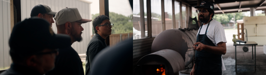 Goldee’s co-owner, Zain Shafi, teaches students about fire management during the restaurant’s brisket class.