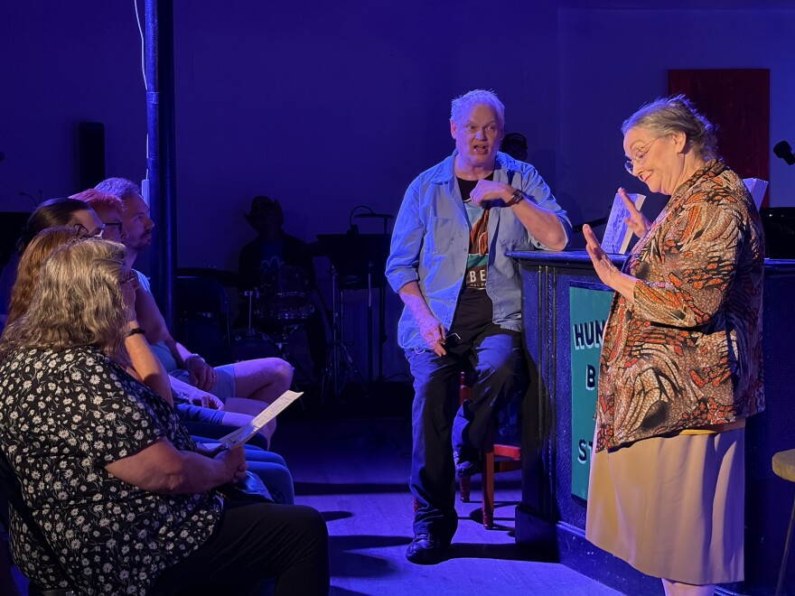 Steven McGaw performs opposite Peggy Bott Kirby in a sketch he wrote titled "What We Did" in SceneShop's final production "Don't Dream It's Over."