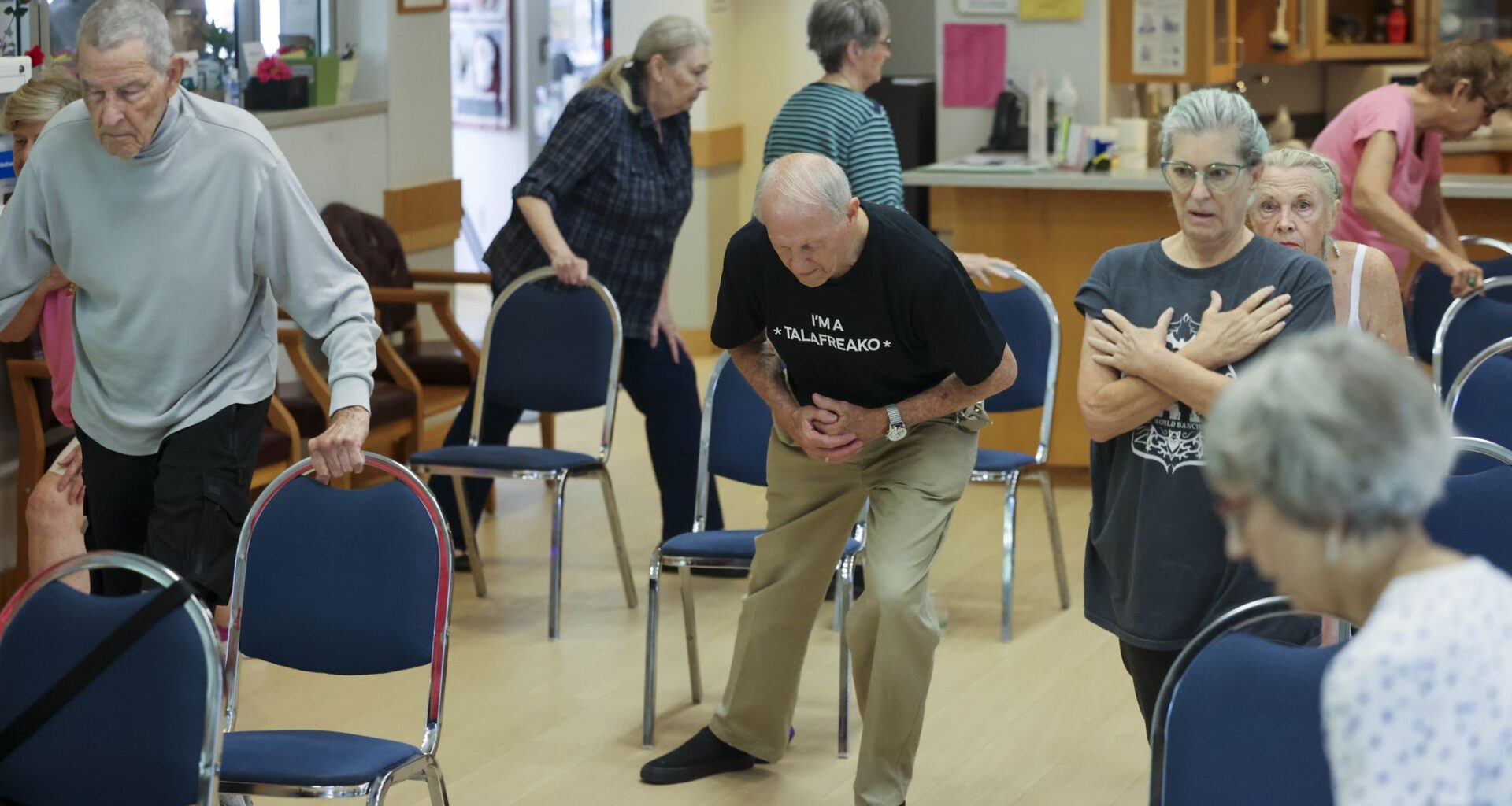Senior citizens take part in a fitness class, on Friday, July 10, 2026, at Marcus Annex Recreation Center in Dallas.