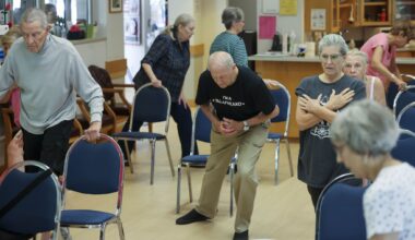 Senior citizens take part in a fitness class, on Friday, July 10, 2026, at Marcus Annex Recreation Center in Dallas.
