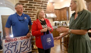 Richardson ISD Superintendent Tabitha Branum (center) and Chris Poteet, president of the Board of Trustees, talk to Becca Bass as they visited the homes of out-of-district students who are transferring into RISD, on Monday, Aug. 3, 2026.