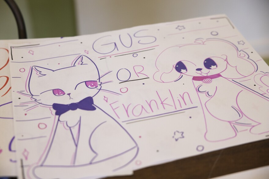 A poster for a pet mayoral race with a drawn cat and dog and the names Gus and Franklin on it. 