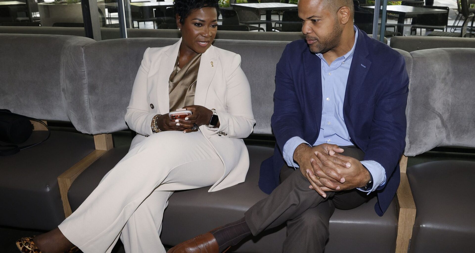 City Manager Kimberly Bizor Tolbert with Mayor Eric Johnson before a news conference June 29 at Klyde Warren Park.