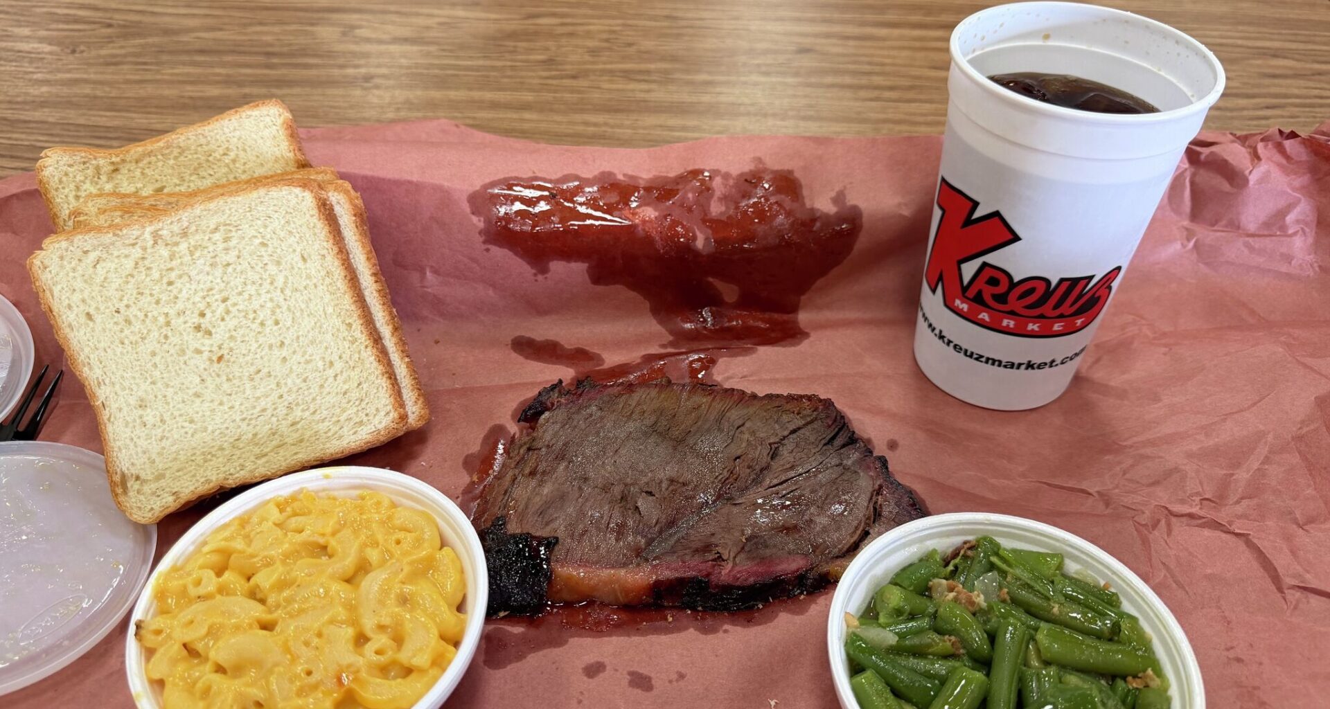 Beef shoulder clod, mac and cheese and green beans at Kreuz Market in Lockhart.