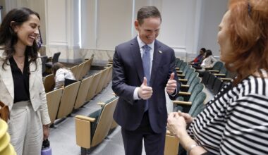 Dallas County Judge Clay Jenkins gives a thumbs up to Brenda Snitzer Executive Director of The Stewpot (right) as he met with she and Housing Forward’s Rachel Wilson at Dallas County Commissioners Court, August 11, 2026. Commissioners voted to put a higher tax to pay for homeless services on the November ballot.