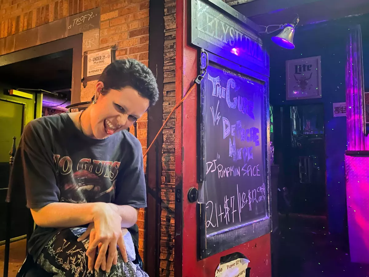 Sage works the door at Elysium, Austin's oldest goth club.