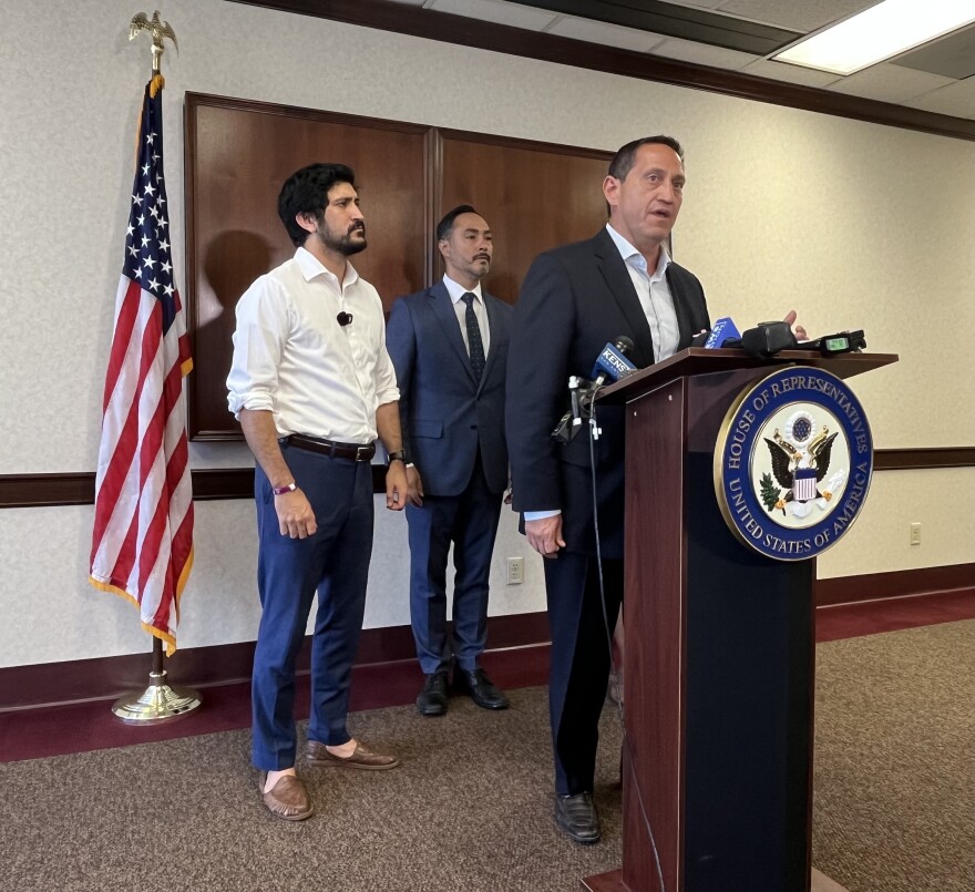 U.S. Rep Greg Casar, U.S. Congressman Joaquin Castro, and State Rep Trey Martinez Fischer speak at a press conference on 287(g) agreements between Bexar County cities and ICE. August 12, 2026.