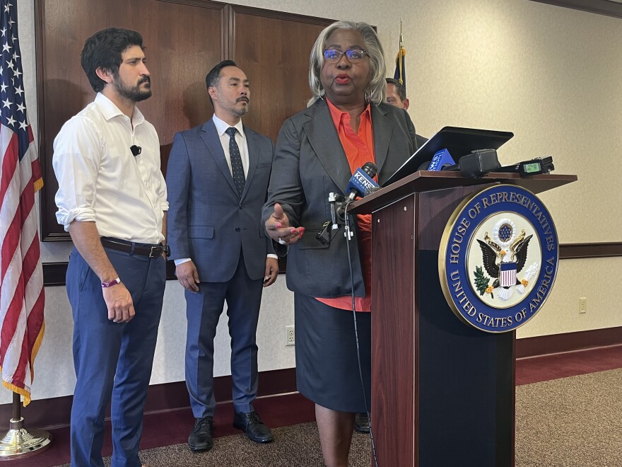 Texas State Representative Barbara-Gervin Hawkins, with U.S. Rep Greg Casar and U.S. Congressman Joaquin Castro, speaks at a press conference on 287(g) agreements between six cities in Bexar County and ICE.