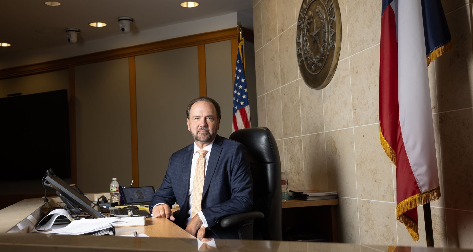 Judge John Roach Jr., the presiding judge of the 296th District Court, poses for a photo in his courtroom in the Collin County Courthouse in McKinney, TX, Friday, June 12, 2026. Roach presided over the Karmelo Anthony murder trial.
