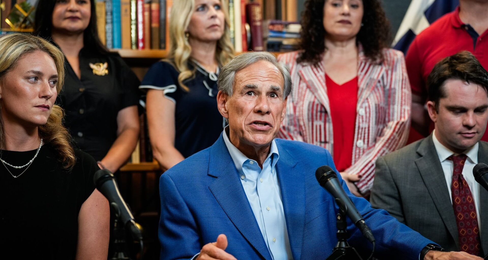 Texas Gov. Greg Abbott speaks at a news conference addressing foreign influence in public education at the Texas Public Policy Foundation in Austin on Aug. 18, 2026.