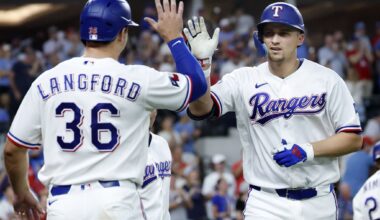 Texas Rangers pitcher Jacob Degrom (48) throws a first inning pitch to the Baltimore Orioles at Globe Life Field in Arlington, August 8, 2026.
