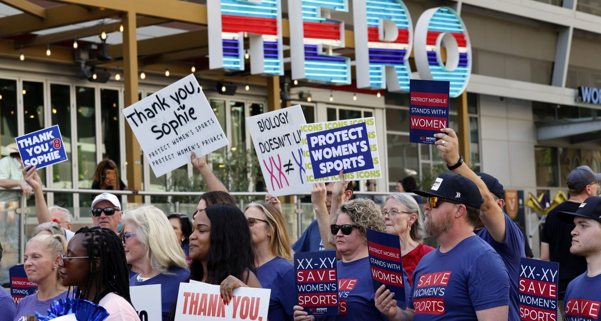 Supporters of Sophie Cunningham and Women's Sports rallied during a press conference and rally before the WNBA game between the Dallas Wings and Indiana Fever at the American Airlines Center in Dallas, August 20, 2026.