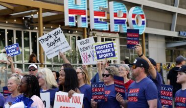Supporters of Sophie Cunningham and Women's Sports rallied during a press conference and rally before the WNBA game between the Dallas Wings and Indiana Fever at the American Airlines Center in Dallas, August 20, 2026.